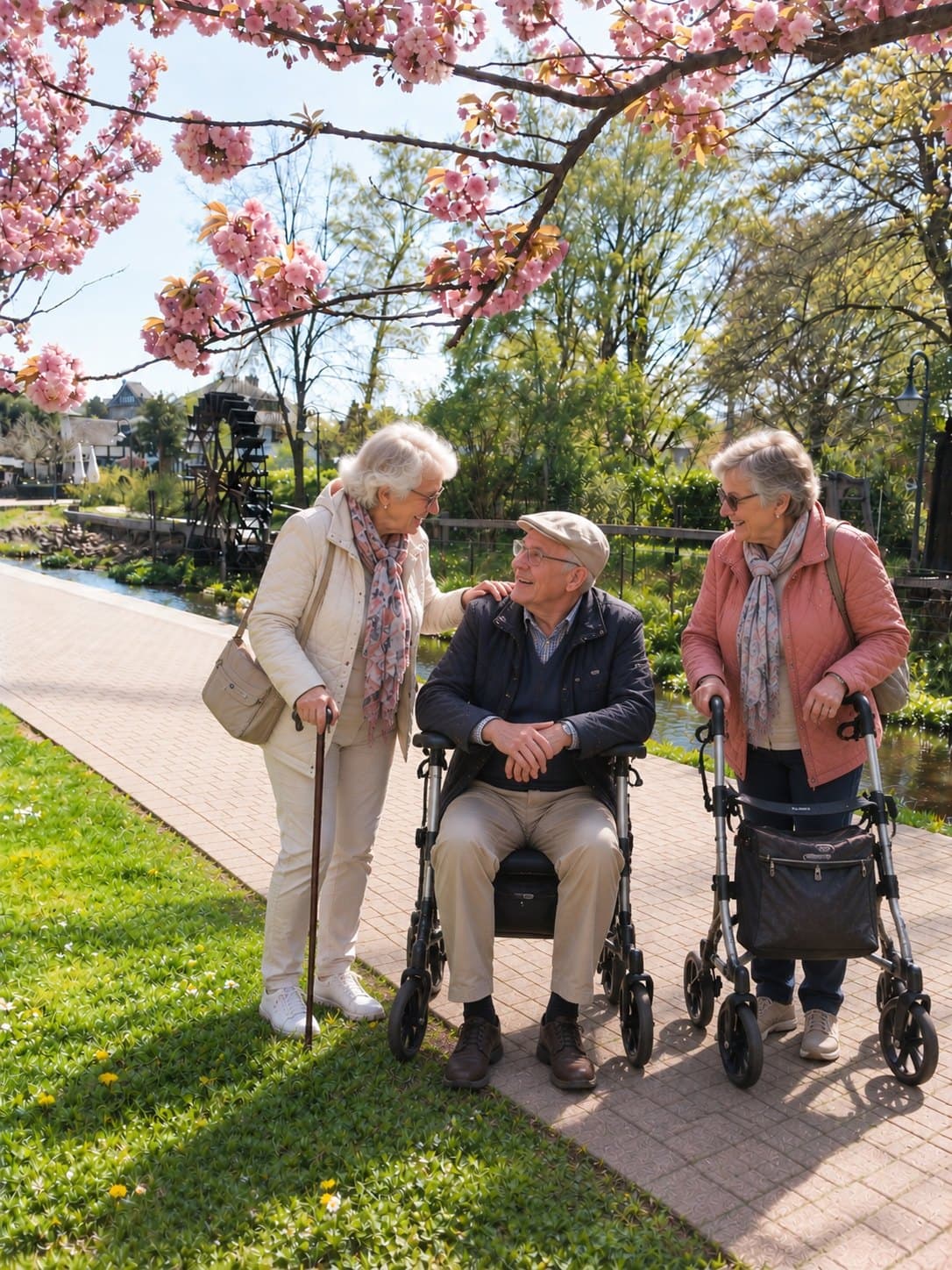 Drei ältere Gäste mit Rollator und Gehstock im Gespräch auf einem Parkweg unter blühenden Kirschbäumen